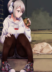 Rule 34 | 1girl, absurdres, animal, beats by dr. dre, black eyes, black pantyhose, breasts, cat, commentary request, cup, drinking, drinking straw, floral print, grey hair, hair between eyes, headphones, highres, holding, holding cup, idolmaster, idolmaster cinderella girls, knees up, medium breasts, nail polish, pantyhose, pigeon-toed, print shoes, red nails, ryuu., shiomi syuko, shoes, short hair, sitting, solo, sweater, white sweater