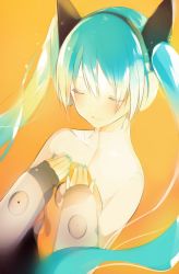 Rule 34 | 1girl, :d, animal ears, aqua hair, blush, bodysuit, cat ears, detached sleeves, closed eyes, fake animal ears, hairband, hands on own chest, hatsune miku, long hair, long sleeves, lpip, odds &amp; ends (vocaloid), open mouth, orange background, simple background, smile, solo, twintails, upper body, very long hair, vocaloid