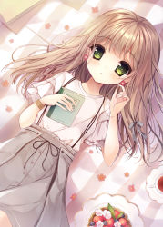 Rule 34 | 1girl, :o, blonde hair, blueberry, book, cup, earrings, flower, flower earrings, food, frilled sleeves, frills, from above, fruit, green eyes, hair ribbon, highres, holding, holding book, jewelry, long hair, looking at viewer, lying, on back, original, parted lips, ribbon, shiyu (sweet dream), short sleeves, skirt, solo, strawberry, striped, tea, teacup, vertical stripes, wristband