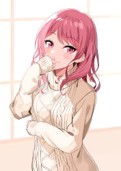 Rule 34 | 1girl, arm across chest, asato (fadeless), bang dream!, brown sweater, closed mouth, commentary request, hand on own face, highres, long hair, long sleeves, looking at viewer, maruyama aya, pink eyes, pink hair, sleeves past wrists, smile, solo, sweater, swept bangs, upper body