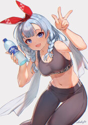 Rule 34 | 1girl, alternate costume, arm up, armpits, arpeggio kaga, bare arms, bare shoulders, black pants, black shirt, blue eyes, bottle, braid, breasts, crop top, hair over shoulder, hair ribbon, hand up, highres, holding, holding bottle, indie virtual youtuber, kanzaki mikoto (vtuber), leggings, long hair, looking at viewer, medium breasts, midriff, navel, open mouth, pants, ribbon, shirt, simple background, sleeveless, sleeveless shirt, smile, solo, sports bra, stomach, sweat, towel, twin braids, v, virtual youtuber, water bottle, white background, white hair