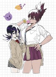 Rule 34 | 2girls, absurdres, black hair, blue hair, bow, bowtie, breast pocket, breasts, brown hair, blowing bubbles, checkered clothes, checkered skirt, chewing gum, collared shirt, danganronpa (series), danganronpa v3: killing harmony, earrings, from side, genderswap, genderswap (mtf), hair between eyes, hair ornament, hair scrunchie, hair up, hairclip, highres, holding, holding phone, jewelry, large breasts, miniskirt, miri (bossu osu), momota kaito, multiple girls, nail polish, oma kokichi, phone, pleated skirt, pocket, ponytail, purple skirt, red bow, red bowtie, scrunchie, shirt, short sleeves, skirt, standing, watch, white background, white shirt, wristwatch