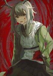 Rule 34 | 1girl, antlers, arknights, arrow (projectile), black gloves, black pantyhose, black skirt, blood, blood from mouth, blood on face, brown eyes, collared shirt, cuts, firewatch (arknights), gloves, green jacket, green shirt, grey hair, hair between eyes, hand on own hip, highres, hood, hood down, hooded jacket, horns, injury, jacket, long hair, long sleeves, looking at viewer, open clothes, open jacket, pantyhose, parted lips, pleated skirt, ponytail, senjou no pentsu, shirt, skirt, solo, sweater, white sweater