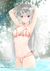 Rule 34 | 1girl, absurdres, armpits, arms up, blush, breastless clothes, breasts, collarbone, cowboy shot, grey hair, groin, hair between eyes, highres, lace trim, large breasts, long hair, looking at viewer, navel, original, purple eyes, revealing clothes, sidelocks, solo, stomach, tomura2maru, wading, wet