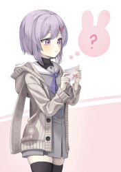 Rule 34 | 1girl, ?, a.i. voice, black thighhighs, black undershirt, blush, bob cut, cardigan, closed mouth, cowboy shot, envelope, esy, grey serafuku, grey shirt, grey skirt, hands up, highres, holding, holding envelope, hood, hood down, hooded cardigan, letter, long sleeves, looking at object, love letter, neckerchief, open cardigan, open clothes, pink background, purple eyes, purple hair, purple neckerchief, ribbed cardigan, sailor collar, school uniform, serafuku, shirt, short hair, sidelocks, simple background, skindentation, skirt, solo, spoken question mark, standing, thighhighs, thought bubble, twitter username, two-tone background, voiceroid, white background, white sailor collar, yuzuki yukari, yuzuki yukari (shizuku), zettai ryouiki