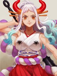 Rule 34 | 1girl, aqua hair, breasts, brown background, club (weapon), commentary request, earrings, eyelashes, gradient background, gradient hair, grey hair, hair ornament, highres, holding club, horns, japanese clothes, jewelry, large breasts, long hair, looking at viewer, multicolored hair, oekakiboya, one piece, orange eyes, ponytail, serious, sideboob, solo, weapon, white hair, yamato (one piece)