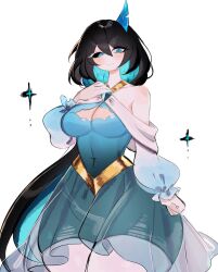 Rule 34 | azure (trd-yo), black hair, black sclera, blue eyes, blue hair, blush, breasts, cleavage, cleavage cutout, clothing cutout, colored sclera, dress, hand on own chest, highres, large breasts, long hair, multicolored hair, navel, original, smile, thick thighs, thighs, usa37107692, very long hair, wide hips