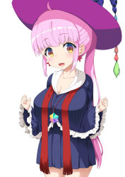 Rule 34 | 1girl, blush, breasts, cleavage, collarbone, earrings, flower earrings, hat, highres, jewelry, kazairo kotone, large breasts, long hair, looking at viewer, open mouth, pink hair, ponytail, rpg fudousan, shousan bouzu, simple background, smile, solo, standing, textless version, white background, wizard hat, yellow eyes