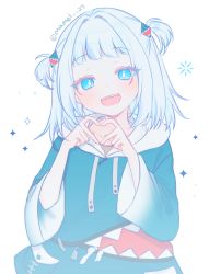Rule 34 | 1girl, :d, blue eyes, blue hair, blue hoodie, blush, collarbone, commentary, drawstring, gawr gura, gawr gura (1st costume), hair ornament, heart, heart hands, highres, hololive, hololive english, hood, hood down, hoodie, long sleeves, looking at viewer, mamel 27, multicolored hair, open mouth, sharp teeth, silver hair, simple background, smile, solo, sparkle, streaked hair, teeth, twitter username, two side up, virtual youtuber, white background, wide sleeves