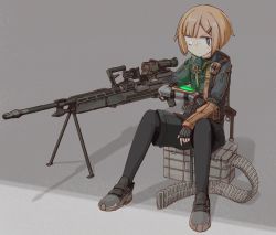 Rule 34 | 1girl, ammunition backpack, ammunition box, ammunition chute, bipod, black eyes, black pantyhose, black shorts, brown hair, commentary, fingerless gloves, full body, general-purpose machine gun, girls&#039; frontline, gloves, gun, hair ornament, hairclip, heterochromia, highres, jacket, looking at viewer, machine gun, mg338 (girls&#039; frontline), optical sight, pantyhose, pantyhose under shorts, player193, prototype design, scope, shoes, short hair, shorts, sig mg338, sig sauer, simple background, sitting, solo, weapon, white eyes, wrist computer