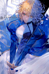 Rule 34 | 1girl, artist name, artoria pendragon (fate), blonde hair, blue eyes, dark persona, dual persona, excalibur (fate/stay night), fate/grand order, fate (series), holding, holding sword, holding weapon, juliet sleeves, long sleeves, looking at viewer, puffy sleeves, renos, saber (fate), saber alter, serious, slit pupils, solo, sword, watermark, weapon, web address, yellow eyes