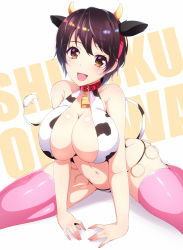 Rule 34 | 10s, 1girl, animal ears, animal print, bare shoulders, bell, neck bell, bikini, blush, breasts, brown eyes, brown hair, cleavage, collar, cow ears, cow horns, cow print, cow tail, fake animal ears, hairband, highres, horns, idolmaster, idolmaster cinderella girls, jewelry, large breasts, looking at viewer, matching hair/eyes, navel, oikawa shizuku, open mouth, ring, ripe.c, short hair, sitting, sketch, smile, solo, swimsuit, tail, thighhighs, wariza