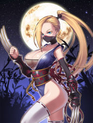 Rule 34 | 1girl, asymmetrical bangs, blonde hair, blue eyes, breasts, camophilia, character request, claw (weapon), cleavage, covered mouth, fighting stance, full moon, gamevil, gauntlets, highres, kaizin rumble, large breasts, leotard, long hair, mask, moon, mouth mask, night, ninja, no bra, no panties, obi, ribbon-trimmed legwear, ribbon trim, sash, standing, tassel, thighhighs, weapon, white thighhighs