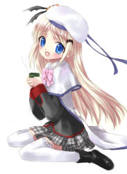 Rule 34 | 1girl, bad id, bad pixiv id, blue eyes, bow, cape, cup, fang, hat, kimishima ao, little busters!, long hair, noumi kudryavka, open mouth, pink bow, plaid, plaid skirt, school uniform, serafuku, silver hair, skirt, solo, thighhighs