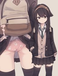 Rule 34 | 1girl, accidental exposure, ahoge, animal print, ass, backpack, bag, black jacket, black skirt, black thighhighs, blazer, blush, brown cardigan, brown eyes, brown hair, brown hairband, cardigan, clothes lift, collared shirt, commentary request, green neckwear, hair between eyes, hair flaps, hairband, jacket, long hair, looking at viewer, multiple views, natsuki teru, necktie, open clothes, open jacket, original, panties, pink panties, pleated skirt, print panties, rabbit panties, rabbit print, school uniform, shikibe ayaka, shirt, sidelocks, skirt, skirt caught on object, skirt lift, thighhighs, underwear, v-shaped eyebrows, white shirt