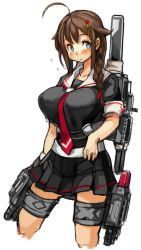 Rule 34 | 10s, 1girl, :&lt;, ahoge, black skirt, blue eyes, blush, braid, breasts, brown hair, collarbone, flying sweatdrops, hair ornament, hair over shoulder, kantai collection, large breasts, long hair, machinery, pleated skirt, sachito, school uniform, serafuku, shigure (kancolle), short sleeves, simple background, single braid, skirt, solo, thigh strap, turret, white background