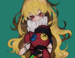 Rule 34 | 1girl, bad id, bad twitter id, blonde hair, blouse, blue shirt, character doll, clownpiece, dated, doll, green background, hecatia lapislazuli, holding, holding doll, long hair, looking at viewer, neck ruff, no headwear, red eyes, riyuu (ryu328szhk), shirt, short sleeves, signature, simple background, smile, solo, touhou, upper body