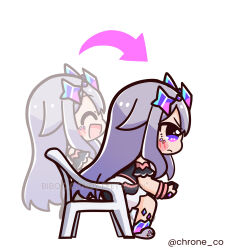 Rule 34 | 1girl, chair, chroneco, circlet, colored inner hair, controller, dress, game controller, gem, hair ornament, hololive, hololive english, jewel under eye, koseki bijou, leaning forward, long hair, multicolored hair, pink hair, purple eyes, purple hair, simple background, sitting, smile, solo, very long hair, virtual youtuber, watermark, white background, white dress