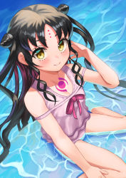 Rule 34 | 1girl, aged down, beppu mitsunaka, blush, breasts, chest tattoo, closed mouth, cone hair bun, double bun, facial mark, fate/grand order, fate (series), forehead tattoo, hair bun, highres, long hair, looking at viewer, one-piece swimsuit, parted bangs, pink one-piece swimsuit, sessyoin kiara, sessyoin kiara (lily), sessyoin kiara (swimsuit mooncancer), shallow water, sitting, small breasts, smile, solo, swimsuit, tattoo, wariza, water, wavy hair, wet, yellow eyes