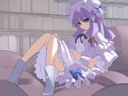 Rule 34 | 1girl, boots, bow, crescent, dress, female focus, hair bow, hat, hat bow, long hair, patchouli knowledge, purple eyes, purple hair, shishamo@, sitting, solo, touhou