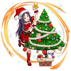 Rule 34 | 1girl, :d, arm up, capelet, christmas tree, dress, full body, fur trim, hat, highres, holding, leg up, long hair, neck ribbon, open mouth, pointy ears, purple hair, red dress, red eyes, red footwear, red hat, red ribbon, ribbon, santa costume, santa hat, short dress, sleeveless, sleeveless dress, smile, snowflakes, snowman, solo, standing, standing on one leg, sword art online, transparent background, very long hair, wrist cuffs, yuuki (sao)