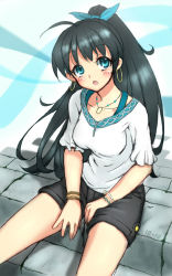 Rule 34 | 1girl, aouma, bad id, bad pixiv id, black hair, blue eyes, blush, breasts, colorized, dated, earrings, ganaha hibiki, highres, idolmaster, idolmaster (classic), jewelry, long hair, medium breasts, necklace, open mouth, ponytail, ribbon, shorts, solo, very long hair