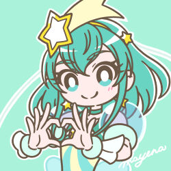 Rule 34 | 1girl, aqua choker, aqua eyes, aqua hair, bright pupils, choker, closed mouth, cure milky, earrings, hagoromo lala, hair ornament, hairband, heart, heart hands, highres, jewelry, looking at viewer, magical girl, mayena, outline, precure, see-through, see-through sleeves, shooting star hair ornament, short sleeves, signature, simple background, smile, solo, star (symbol), star earrings, star hair ornament, star twinkle precure, upper body, white outline, white pupils, yellow hairband