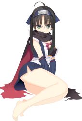 Rule 34 | 1girl, 3:, absurdres, ahoge, bare legs, barefoot, black hair, black scarf, blue gloves, blue kimono, breasts, closed mouth, commentary, curvy, elbow gloves, feet, floral print, forehead protector, frown, full body, gloves, green eyes, hair between eyes, highres, hitachi mako, incredibly absurdres, japanese clothes, kaon zz, kimono, legs together, looking at viewer, medium breasts, ninja, parted bangs, scarf, senren banka, short hair with long locks, short kimono, shy, simple background, sitting, sleeveless, sleeveless kimono, solo, thighs, toes, v arms, white background, yokozuwari