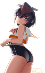 Rule 34 | 1girl, asymmetrical hair, black hair, black one-piece swimsuit, breast cutout, breasts, brown eyes, clothes pull, covering privates, covering breasts, crop top, framed breasts, hair between eyes, headphones, i-13 (kancolle), kantai collection, one-hour drawing challenge, one-piece swimsuit, one-piece swimsuit pull, ray.s, sailor collar, school swimsuit, short hair, small breasts, solo, swimsuit, swimsuit under clothes, tsurime, white sailor collar