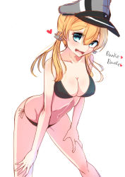 Rule 34 | 10s, 1girl, anchor hair ornament, bad id, bad pixiv id, bikini, black bikini, blonde hair, blue eyes, blush, breasts, cleavage, collarbone, cowboy shot, german text, hair ornament, hands on thighs, hat, heart, kantai collection, large breasts, leaning, leaning forward, long hair, looking at viewer, low twintails, navel, open mouth, peaked cap, prinz eugen (kancolle), side-tie bikini bottom, simple background, smile, solo, standing, string bikini, swimsuit, tenken (gotannda), tongue, translated, twintails, white background