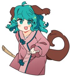 Rule 34 | 1girl, ahoge, animal ears, blush, dog ears, dog tail, dress, fang, green eyes, green hair, highres, ini (inunabe00), kasodani kyouko, long sleeves, open mouth, pink dress, short hair, simple background, skin fang, smile, solo, tail, touhou, upper body, white background