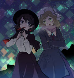 Rule 34 | 2girls, big dipper, black capelet, black headwear, black skirt, blonde hair, breasts, brown eyes, brown hair, capelet, commentary request, constellation, crossed arms, dress, fedora, happy, hat, highres, katari, long sleeves, maribel hearn, medium breasts, mob cap, multiple girls, night, night sky, open mouth, parted lips, pink scarf, purple dress, rainbow-colored septentrion, scarf, shirt, skirt, sky, touhou, usami renko, white headwear, white shirt, yellow eyes