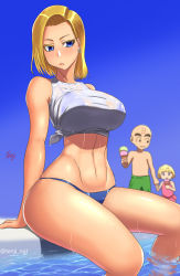 Rule 34 | 1boy, 2girls, android 18, arm strap, artist name, bald, bare shoulders, bikini, bikini under clothes, blonde hair, blouse, blue background, blue bikini, blue eyes, blunt bangs, breasts, casual one-piece swimsuit, curvy, dragon ball, dragonball z, earrings, facial mark, family, father and daughter, food, forehead mark, frilled one-piece swimsuit, frills, frown, gradient background, green male swimwear, green swim trunks, holding hands, ice cream, jewelry, kuririn, large breasts, linea alba, looking at another, male swimwear, marron (dragon ball), mature female, midriff, mother and daughter, multiple girls, narrow waist, one-piece swimsuit, partially submerged, pink one-piece swimsuit, pool, shirt, short hair, simple background, sitting, sleeveless, sleeveless shirt, smile, soaking feet, swim trunks, swimsuit, tenji, thong bikini, tied shirt, toned, water, wet, wet clothes, wet shirt