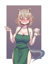 Rule 34 | 1girl, 2021, absurdres, animal ear fluff, animal ears, apron, areola slip, arknights, artist name, blush, border, breasts, cleavage, collarbone, commentary, cowboy shot, cup, gradient background, green apron, hair ornament, hairclip, hands up, heart, heart-shaped pupils, highres, holding, holding cup, holding marker, iced latte with breast milk (meme), large breasts, looking at viewer, lyneriee, marker, meme, naked apron, outside border, purple eyes, simple background, solo, starbucks, straight-on, symbol-shaped pupils, tail, utage (arknights), wavy mouth, white border, x hair ornament