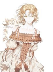 Rule 34 | 1girl, arms at sides, blonde hair, center frills, collarbone, colored eyelashes, cowboy shot, curtained hair, dress, ea ateu, frills, green eyes, highres, juliet sleeves, lace, lace-trimmed dress, lace trim, long dress, long sleeves, looking at viewer, off-shoulder dress, off shoulder, orange dress, parted bangs, psyche callista, puffy sleeves, short hair, smile, solo, spaghetti strap, standing, two-tone dress, wavy hair, white background, white dress, your throne