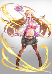 Rule 34 | 1girl, arm up, belt, blonde hair, blunt bangs, boots, breasts, brown footwear, brown hair, brown pantyhose, bustier, cleavage, collarbone, fire, fur trim, hamushima, hand on own hip, index finger raised, jacket, large breasts, long hair, magical grim, miniskirt, navel, one eye closed, open clothes, open jacket, open mouth, original, pantyhose, print pantyhose, red eyes, skirt, solo, standing, very long hair
