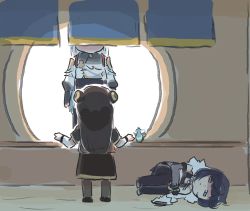 Rule 34 | 3girls, aqua eyes, architecture, banner, bare shoulders, black hair, brown hair, character request, chibi, chinese clothes, chinese commentary, coat, coat on shoulders, double bun, east asian architecture, elbow gloves, fetal position, from behind, genshin impact, gloves, hair bun, highres, indoors, long hair, looking up, lying, mole, multiple girls, on side, shaded face, shenhe (genshin impact), shop, standing, xinzoruo, yelan (genshin impact)
