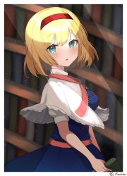 Rule 34 | 1girl, alice margatroid, blonde hair, blue dress, blurry, blurry background, blurry foreground, border, capelet, depth of field, dress, hairband, highres, indoors, light particles, machimo, red hairband, sash, short hair, solo, touhou, white border, white capelet, window