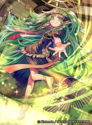 Rule 34 | 1girl, back, barefoot, braid, fire emblem, fire emblem: three houses, fire emblem cipher, green eyes, green hair, indoors, long hair, nintendo, official art, pointy ears, side braid, solo, sothis (fire emblem), sparkle, tiara, tvzyon, twintails, two side up, very long hair