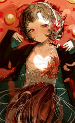 Rule 34 | 1girl, absurdres, black jacket, blush, brown hair, collarbone, cowboy shot, dress, feathers, flower, hair flower, hair ornament, hands up, highres, jacket, long sleeves, lying, maria (syake-uni), on back, open clothes, open jacket, red eyes, red flower, reverse:1999, schneider (reverse:1999), short hair, smile, solo, two-sided fabric, two-sided jacket