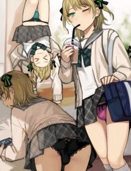 Rule 34 | &gt; &lt;, 1boy, bent over, blonde hair, bow, bulge, clothes lift, crossdressing, green bow, green eyes, lace, lace panties, male focus, nail polish, one eye closed, panties, plaid, plaid skirt, skirt, skirt lift, sunaba (nczd5875), sweater, trap, underwear, upskirt, wink