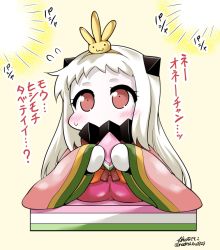 Rule 34 | 10s, 1girl, :3, abyssal ship, alternate costume, blush, colored skin, comic, commentary request, contemporary, covered mouth, flying sweatdrops, hairband, hinamatsuri, hishimochi, holding, horns, japanese clothes, kantai collection, kimono, layered clothes, layered kimono, looking at viewer, mittens, northern ocean princess, seiza, sitting, solo, sweat, translation request, white hair, white skin, yamato nadeshiko