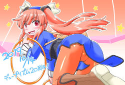 Rule 34 | 1girl, aki shun, ass, blush, boots, chakram, dated, dewprism, dress, full body, knee boots, long hair, long sleeves, looking at viewer, mint (dewprism), open mouth, orange pantyhose, pantyhose, pink hair, red eyes, smile, solo, twintails, weapon
