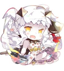 Rule 34 | 1girl, :d, a6m zero, abyssal ship, adapted costume, ahoge, aircraft, airplane, alternate hairstyle, ankle cuffs, artist request, bandana, braid, chibi, collar, dress, enemy aircraft (kancolle), fang, floral print, flower, hair ornament, handkerchief, holding, horns, kantai collection, northern ocean princess, open mouth, pale skin, petticoat, red bandana, red kerchief, sandals, side braid, sleeveless, sleeveless dress, smile, solo, spiked collar, spikes, twintails, white background, white dress, white hair, yellow eyes