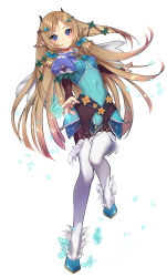 Rule 34 | 1girl, absurdres, blue dress, blue footwear, breasts, closed mouth, covered navel, dress, full body, hair ornament, highres, leaf, leaf hair ornament, leg up, light brown hair, long hair, margaret (rune factory), musical note, o-ring, pantyhose, pointy ears, puchiman, puffy short sleeves, puffy sleeves, purple eyes, purple pantyhose, rune factory, rune factory 4, see-through, see-through sleeves, short dress, short sleeves, simple background, small breasts, smile, solo, thighhighs, white background, white thighhighs