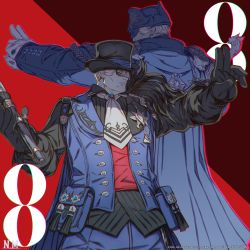 Rule 34 | 2boys, ascot, warrior of light (ff14), black gloves, blue mage, cape, copyright name, cuff links, domino mask, final fantasy, final fantasy xiv, gloves, hat, highres, jacket, mask, multiple boys, official art, red shirt, roegadyn, shirt, top hat, white gloves, white hair