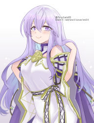 Rule 34 | 1girl, arms up, bare shoulders, breasts, cape, circlet, detached sleeves, dress, fire emblem, fire emblem: genealogy of the holy war, hair between eyes, hand in own hair, holding, julia (fire emblem), long hair, looking at viewer, looking back, medium breasts, nintendo, open mouth, purple eyes, purple hair, ribbon, smile, solo, twitter username, white dress, yukia (firstaid0)