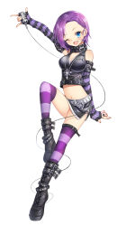 Rule 34 | 1girl, bad id, bad pixiv id, black footwear, blue eyes, blush, boots, breasts, character request, cleavage, cross-laced footwear, cyphers, elbow gloves, fingerless gloves, full body, gloves, highres, jewelry, knee boots, lace-up boots, large breasts, navel, one eye closed, open mouth, purple gloves, purple hair, purple thighhighs, ring, short hair, smile, solo, striped clothes, striped thighhighs, tempy (rinsia), thighhighs