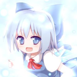 Rule 34 | 1girl, blouse, blue eyes, blue hair, cirno, collared shirt, dress, female focus, gradient background, hair ribbon, ice, ice wings, matching hair/eyes, pinafore dress, ribbon, shirt, shize (coletti), sleeveless dress, solo, touhou, upper body, white background, white shirt, wings