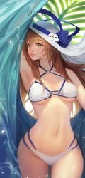 Rule 34 | 1girl, alternate hairstyle, arm up, armpits, bad id, bad pixiv id, bare arms, bare legs, bikini, blush, breasts, brown hair, character name, charles, cleavage, closed mouth, cowboy shot, curvy, day, flower, girls&#039; frontline, green eyes, hair between eyes, hair over shoulder, halterneck, hat, hat flower, hat ribbon, highres, light particles, lips, long hair, looking at viewer, medium breasts, multi-strapped bikini, navel, o-ring, o-ring top, official alternate costume, outdoors, palm leaf, plumeria, ribbon, shawl, sidelocks, smile, solo, springfield (girls&#039; frontline), springfield (stirring mermaid) (girls&#039; frontline), standing, stomach, summer, sun hat, swimsuit, underboob, white bikini, white hat, wide hips